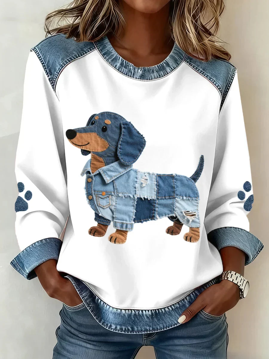 Lilah™ | Sweatshirt Mit Dackel Drucken Und Patchwork